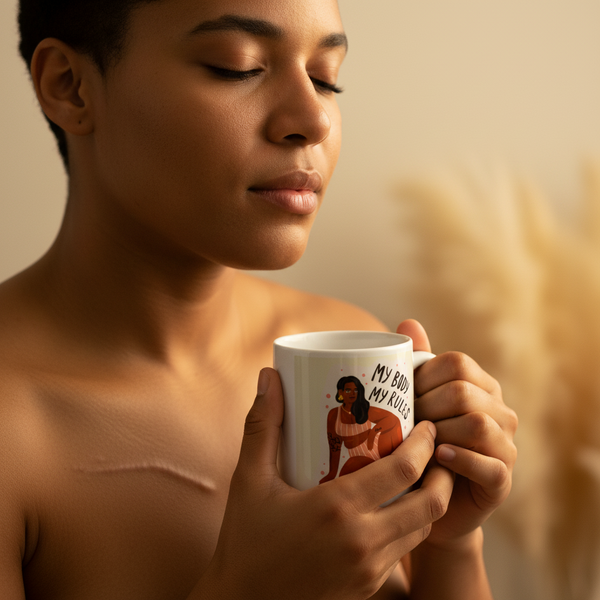 Person holding My Body My Rules Mug featuring an illustrated woman, exuding empowerment and pride. The ceramic mug is perfect for coffee or tea, embodying Queer In The World's inclusive, expressive ethos.