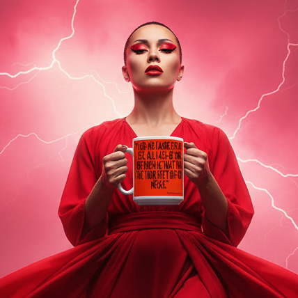 A woman in a flowing gown holds the No Favor For My Sex Mug, exuding bold, proud energy atop rocks with a stormy backdrop, embodying LGBTQIA+ pride and self-expression.