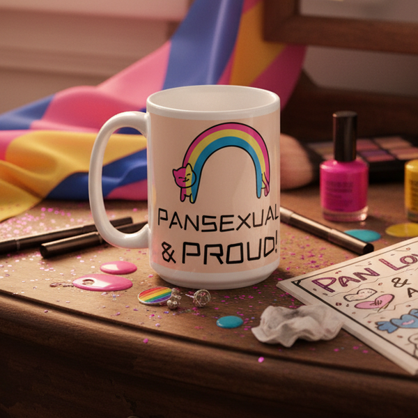 Pansexual & Proud Mug featuring a rainbow with the pansexual-pride stripes and a cat face, surrounded by pride-themed accessories. Perfect for celebrating identity with bold, vibrant, and empowering queer energy.