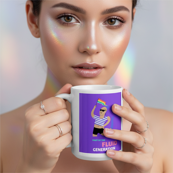 Young woman holding the Part of the Fluid Generation mug, featuring a cartoon in a striped crop-top waving a rainbow pride flag. The image captures vibrant queer pride and self-expression.