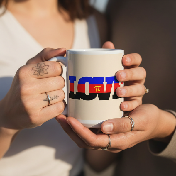 Polyamory Love Mug held by two hands, featuring LOVE in bold stripes with a gold π symbol. Perfect for embracing queer pride and self-expression. Dishwasher and microwave safe.