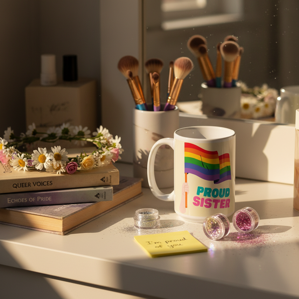 White “Proud Sister” mug with rainbow flag graphic on a sunlit vanity beside makeup brushes and books