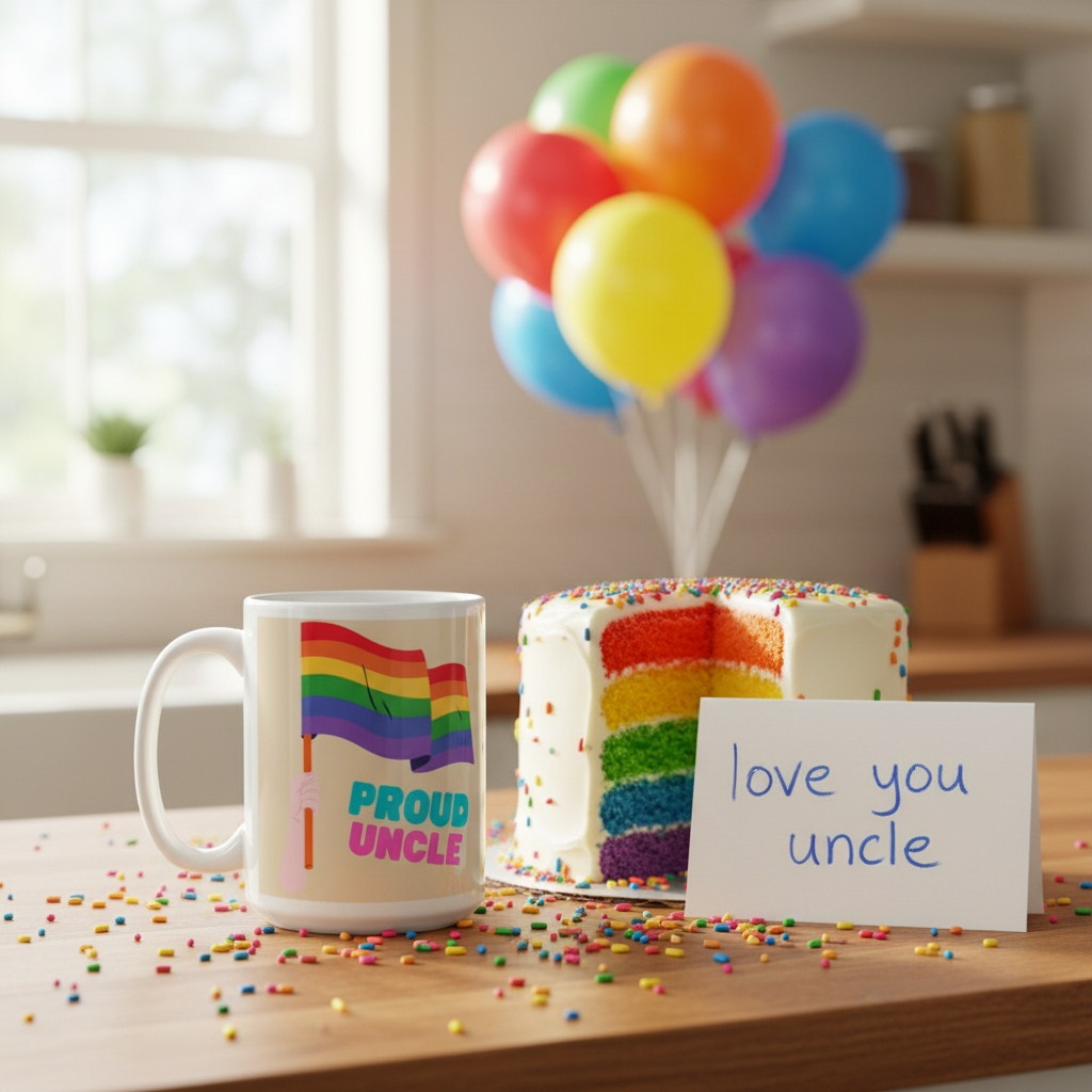 White mug with a rainbow flag and “PROUD UNCLE” beside a rainbow-layer cake