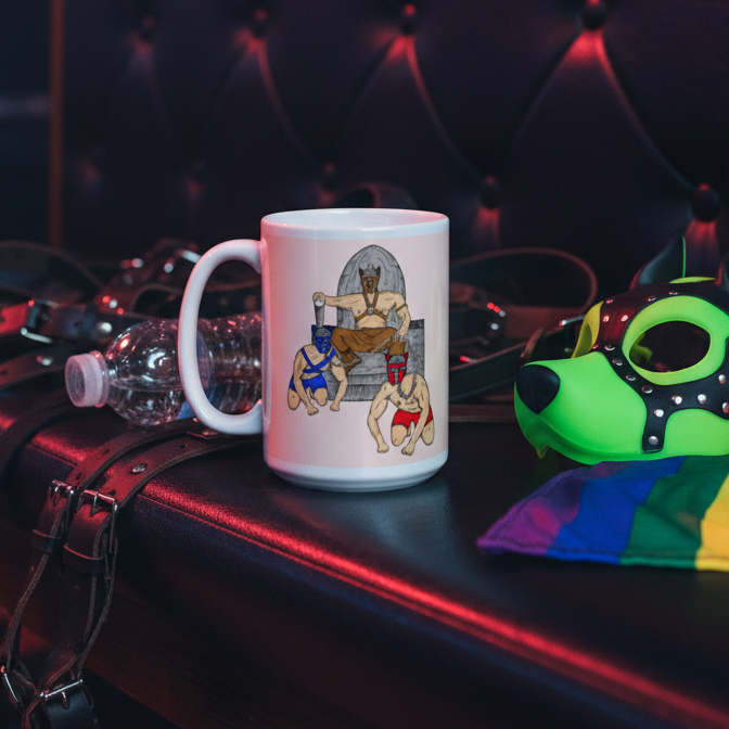Pup Play Mug with an Anubis-masked figure, embodies bold queer energy, nestled among kink accessories. Perfect for sipping with pride, reflecting Queer In The World's vibrant, empowering ethos.