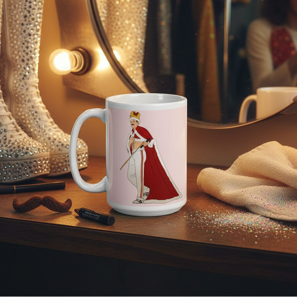Pink mug with a crowned, moustached figure in a red royal cape on a vanity