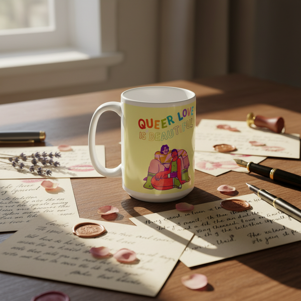 White mug reading “QUEER LOVE IS BEAUTIFUL,” with an illustrated couple, on a letter-covered table