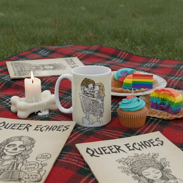 Queer skeletons mug showing two embracing skeletons on a tartan picnic blanket