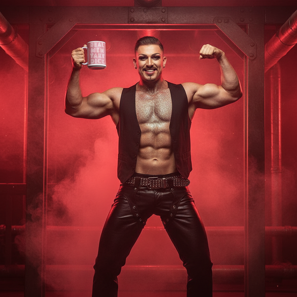 Muscular man in edgy setting holds REAL MEN TAKE DICK mug, showcasing bold LGBTQIA+ pride. Black leather pants, open vest, glittering torso emphasize empowerment and self-expression. Celebrating queer identity with confidence.