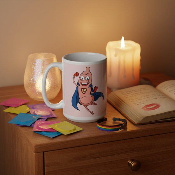 White mug with a smiling superhero condom illustration on a bedside table