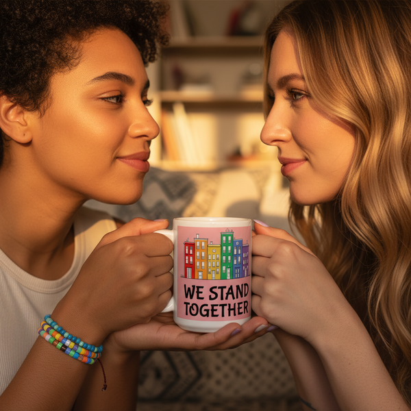 Two people hold a pink mug reading “WE STAND TOGETHER,” with rainbow buildings.