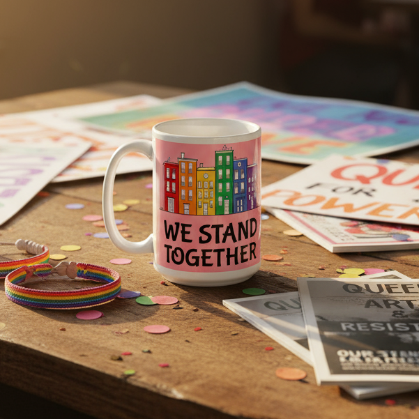 We Stand Together Mug featuring rainbow cityscape and pride message, surrounded by vibrant LGBTQIA+ pride elements like zines and bracelets, embodying empowerment and self-expression. Perfect for celebrating queer identity with every sip.