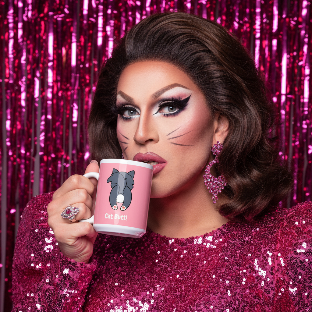 Drag performer holds the What What? Cat Butt Mug with a cartoon cat's rear, against a sparkly backdrop. Their vibrant makeup and sequined attire exude queer pride and self-expression. Perfect for morning coffee.