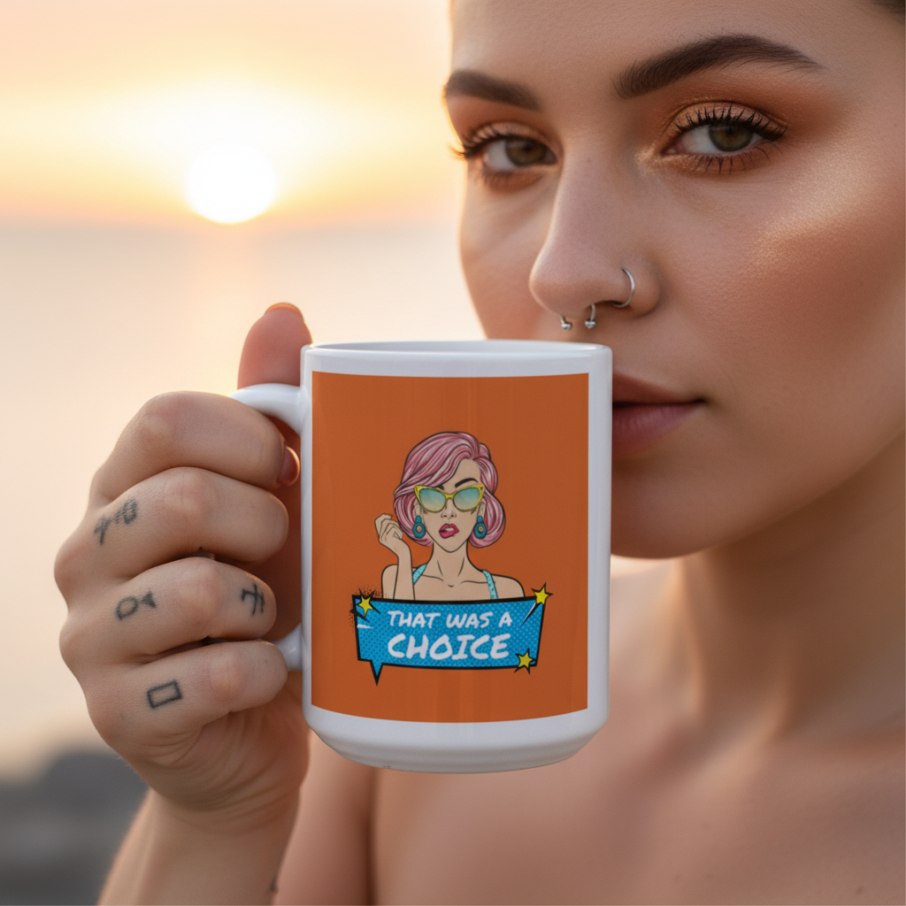 Person holds a white mug reading “THAT WAS A CHOICE,” with a pink-haired cartoon person.