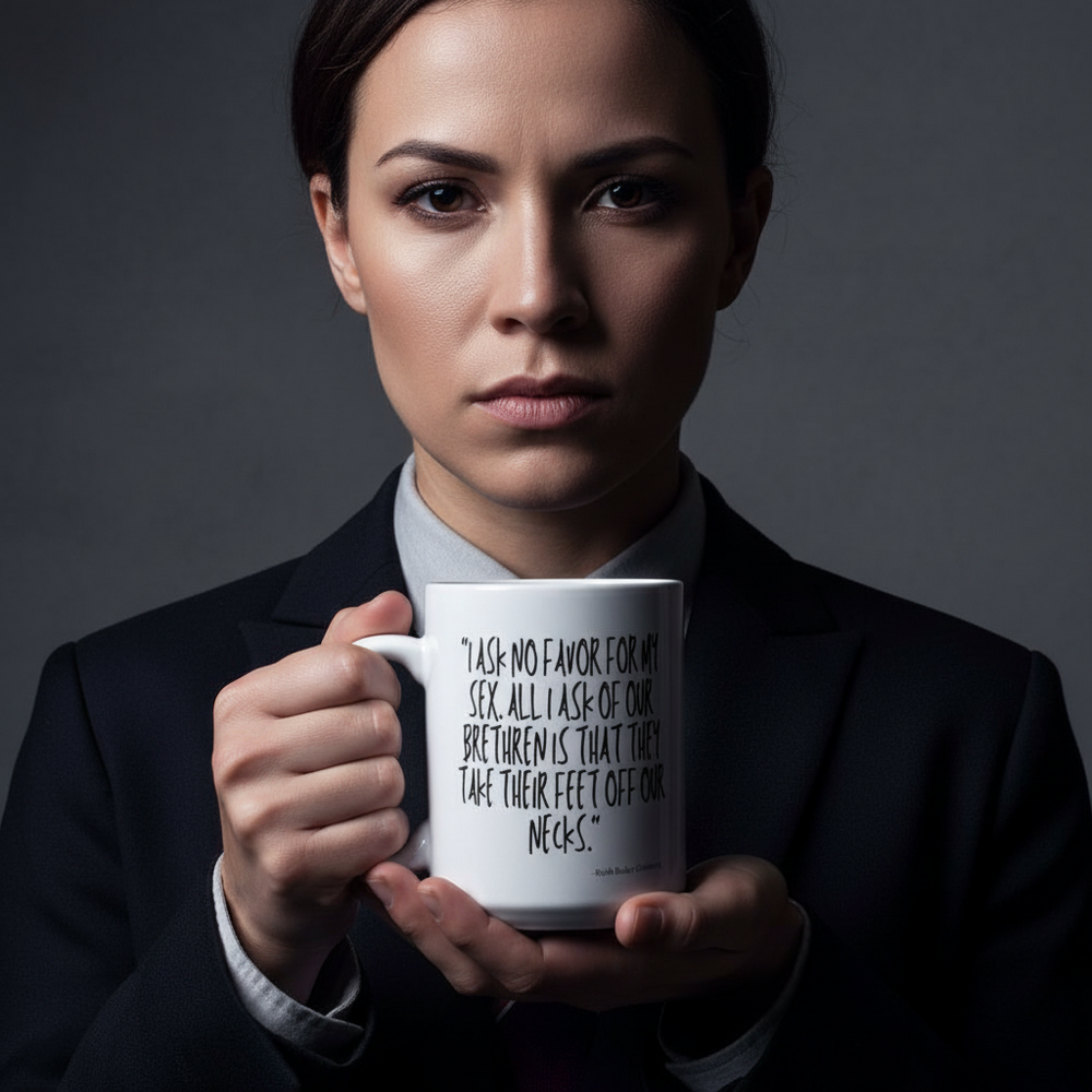 Person in a dark suit holds a white mug printed with a Ruth Bader Ginsburg quote