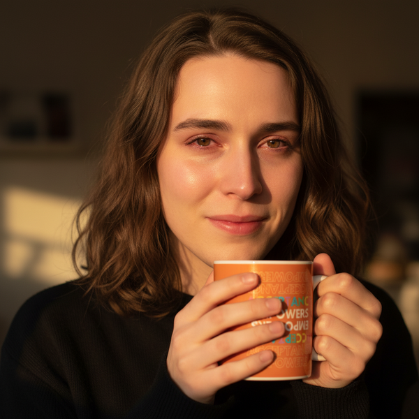 A young adult enjoys a moment with the Acceptance Empowers Mug, a vibrant, sturdy ceramic piece perfect for LGBTQIA+ pride and self-expression, showcasing Queer In The World's empowering design.