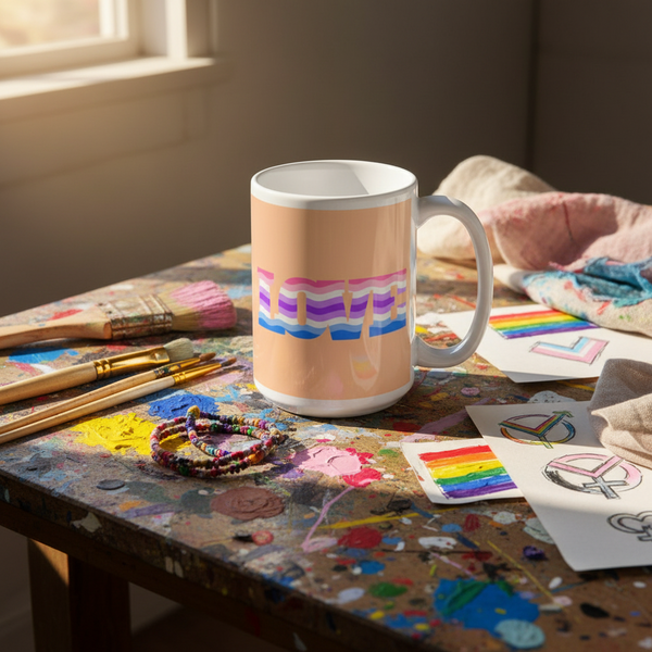 Ceramic Alternative Genderfluid Love Mug in pastel rainbow stripes on a vibrant, paint-splattered artist's table, surrounded by pride flags, brushes, and bracelets, embodying queer self-expression and empowerment.