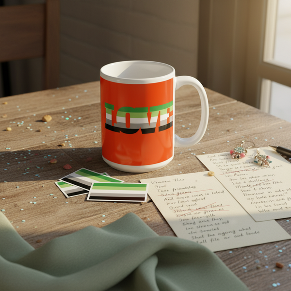 Aromantic Love Mug wrapped in an agender-pride flag design, surrounded by matching stickers, notes, delicate jewelry, and soft cloth, embodying queer pride and self-expression.