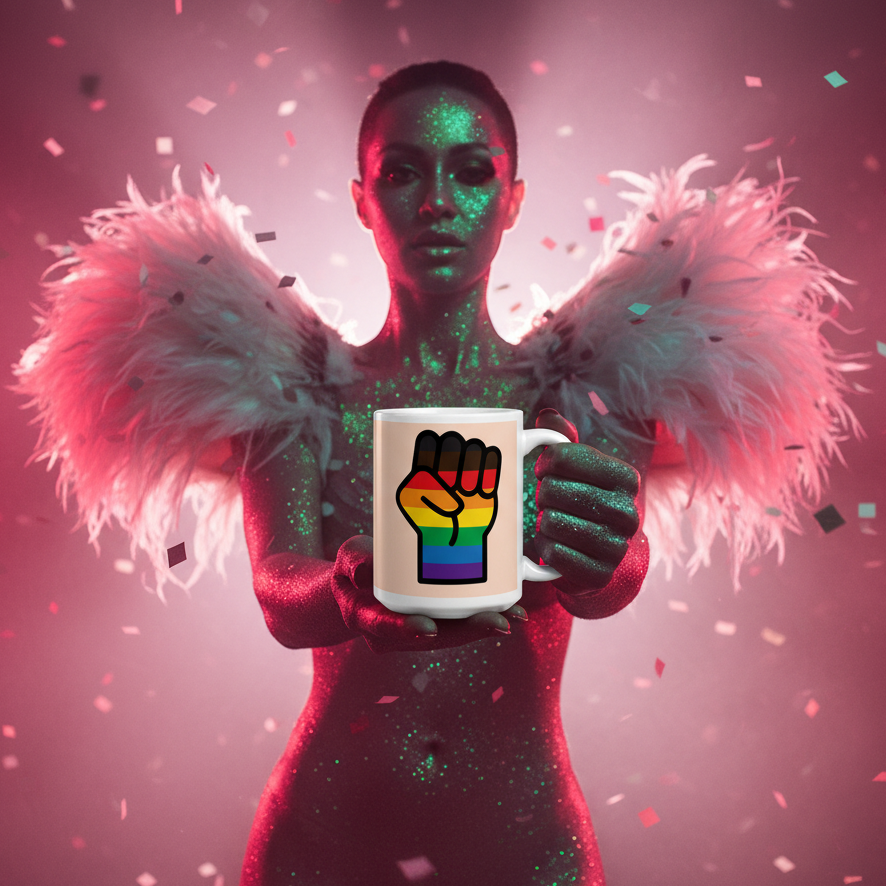 A person covered in green glitter, wearing white feathered wings, holds the BLM LGBT Resist Mug with a rainbow-striped fist, surrounded by confetti, embodying vibrant LGBTQIA+ pride and self-expression.