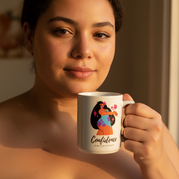 Person proudly holds the Body Confidence Mug, featuring a vibrant illustration of a plus-size woman with Confidence is not size exclusive. Celebrates LGBTQIA+ pride and self-expression.