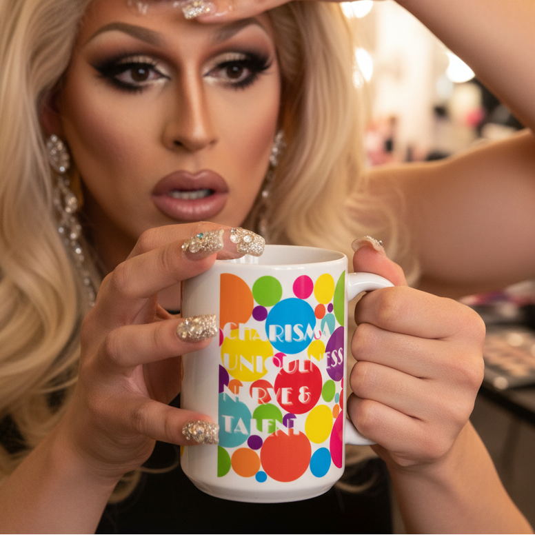 Person holding a Charisma Uniqueness Nerve & Talent Mug with vibrant polka dots, showcasing long, rhinestone-encrusted nails. Perfect for expressing LGBTQIA+ pride and self-expression. Ideal for coffee, tea, or wine.