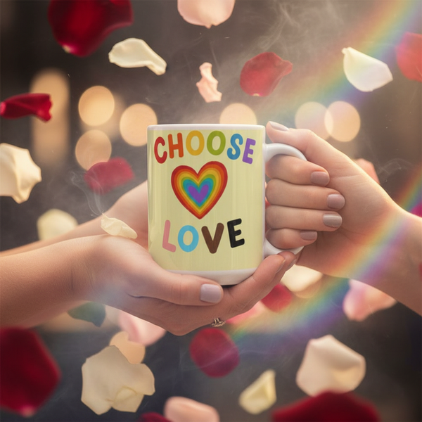 Hands gently hold the Choose Love Mug, adorned with a rainbow heart and vibrant lettering. Surrounded by rose petals and warm light, it embodies pride, self-expression, and empowerment for LGBTQIA+ moments.