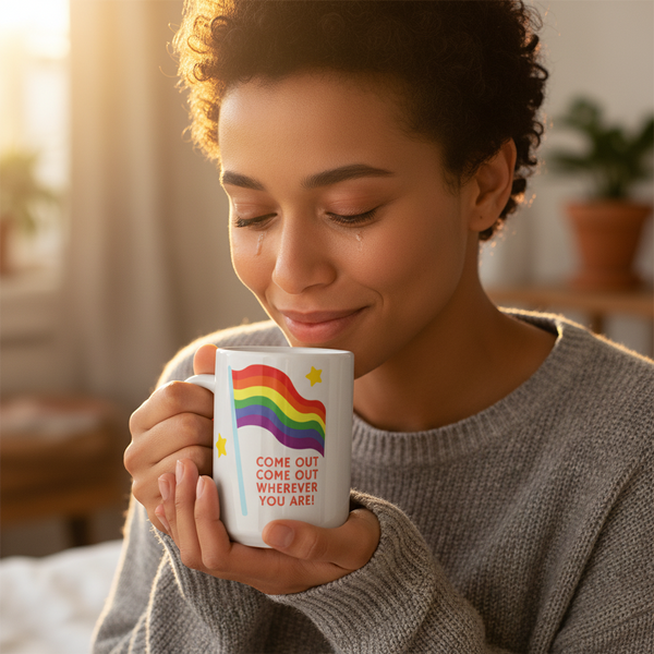 Person indoors holding a white ceramic Come Out Come Out Mug with a rainbow flag and stars, smiling gently through tears. Celebrates LGBTQIA+ pride and self-expression. Perfect for coffee or tea.