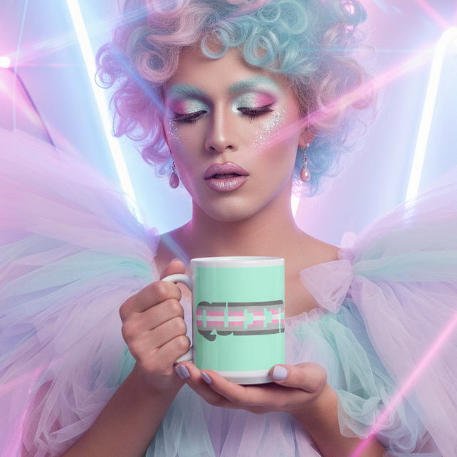 Model holding a Demigirl Love Mug, featuring a pastel geometric design, in a dreamy, queer editorial setting. They're styled with a colorful wig and gauzy outfit embodying LGBTQIA+ pride and self-expression.