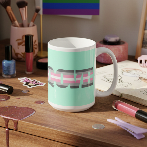 Demigirl Love Mug showcasing LOVE in pink and gray stripes on a mint-green design, amidst a vibrant, creative workspace adorned with makeup, crafts, and LGBTQIA+ pride elements, embodying self-expression and empowerment.