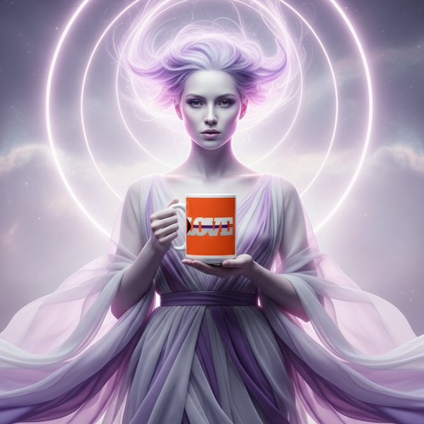 Ethereal figure cradles a Demisexual Love Mug, symbolizing LGBTQIA+ pride with bold, empowering energy. The mug, vibrant in orange, embodies self-expression and queer visibility, ideal for celebrating identity.