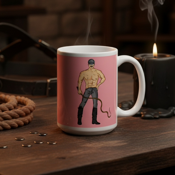 Dominant Daddy Mug on a wooden table, featuring a muscular man illustration with leather attire. Surrounded by rope, coins, a leather belt, and a lit candle, embodying bold queer pride and empowerment.