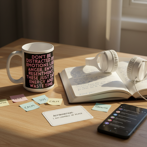 Don't Be Distracted By Emotions Mug sits proudly on a wooden desk, surrounded by personal-growth items, highlighting queer pride and empowerment with its bold pink lettering for confident, expressive self-care.