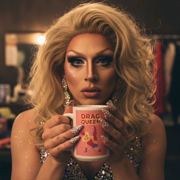 Drag Queen Mug held by a drag performer in a sparkly outfit, showcasing vibrant self-expression. The white mug features a pink label with DRAG QUEEN and a stylized cartoon performer, embodying pride and empowerment.