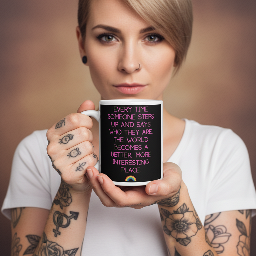 Person holds the Every Time Someone Stands Up Mug, showcasing vibrant pink text and a rainbow graphic, embodying empowerment and pride. Ideal for expressing LGBTQIA+ visibility and self-expression.