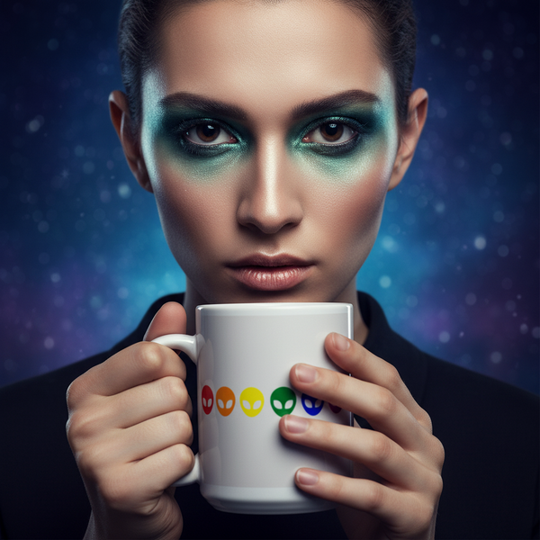 A young person holds the Gay Alien Mug, adorned with rainbow alien-head icons, embodying vibrant LGBTQIA+ pride and self-expression in a cosmic setting.