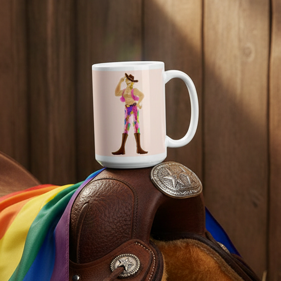Gay Cowboy Mug: This vibrant ceramic mug features a cowgirl illustration in a pink top and multi-colored chaps, nestled on a saddle with a rainbow-striped flag, celebrating LGBTQIA+ pride and self-expression.