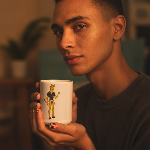 Young person holding the Gay Giraffe Mug, featuring a cartoon giraffe in black T-shirt and purple underwear. Multicolored nails add flair, embodying queer pride and self-expression. Perfect for any drinkable moment.
