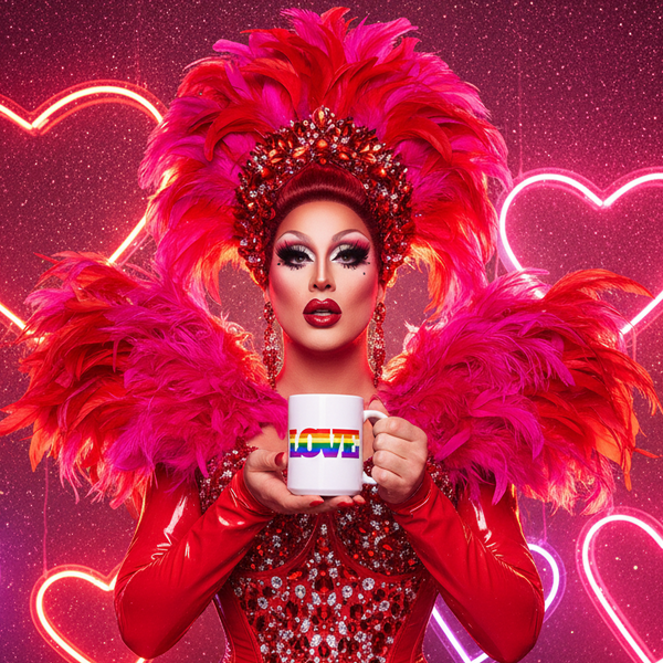 Drag performer displays the Gay Love Mug, featuring LOVE in rainbow letters, against a glittery background. This vibrant, sturdy mug embodies LGBTQIA+ pride, perfect for coffee or tea, from Queer In The World.