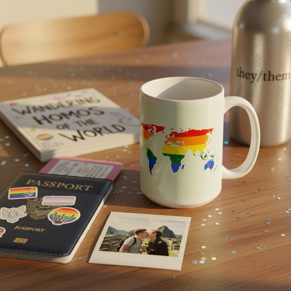 Gay Map Mug featuring a vivid rainbow-striped world map, embodying LGBTQ+ pride. Perfect for coffee or wine, its sturdy, glossy design is microwave and dishwasher safe. Celebrate identity with every sip.