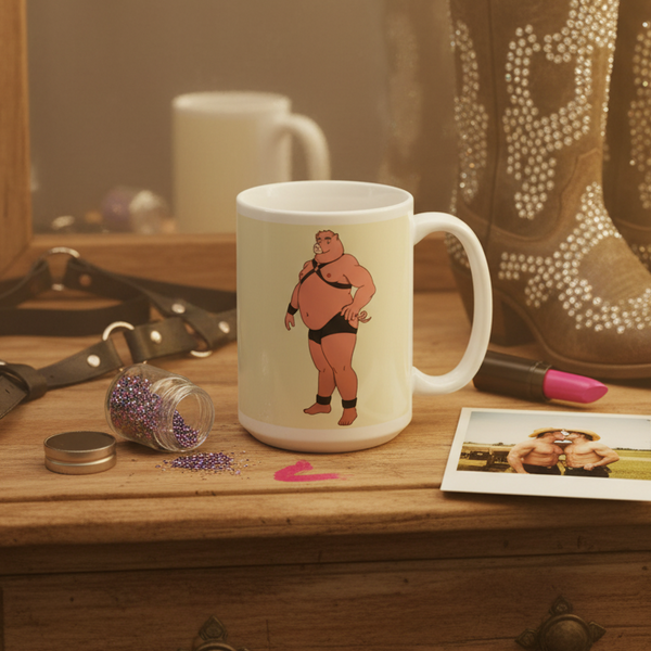 Gay Pig Mug on a wooden dresser, featuring a cartoonish stocky man in a leather harness, black briefs. Surrounded by playful accessories—glitter, pink lipstick, rhinestone cowboy boots—exuding vibrant, queer pride and self-expression.