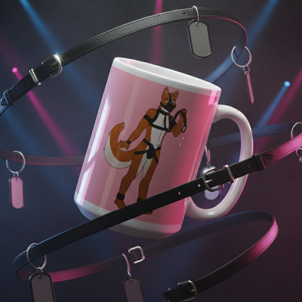 Gay Pup Mug featuring an anthropomorphic fox in a harness, surrounded by leather straps with metal pendants, embodies queer pride and self-expression. Perfect for showcasing vibrant LGBTQIA+ identity and empowerment.