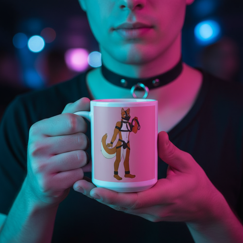 Person holding a Gay Pup Mug featuring a cartoon fox in a harness. The mug, white and glossy, embodies bold queer energy, ideal for celebrating LGBTQIA+ pride with coffee, tea, or wine.