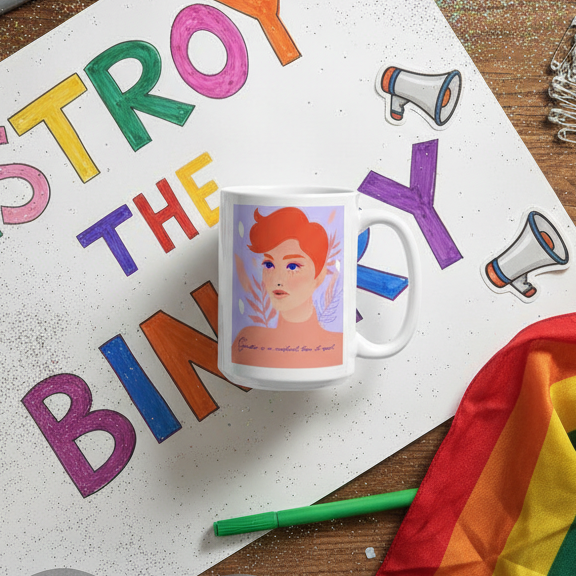 Gender Is A Construct Tear It Apart Mug features a vivid pastel portrait amid a protest-themed flat-lay with DESTROY THE BINARY slogan, rainbow flag, and megaphone illustrations, celebrating queer pride and empowerment.