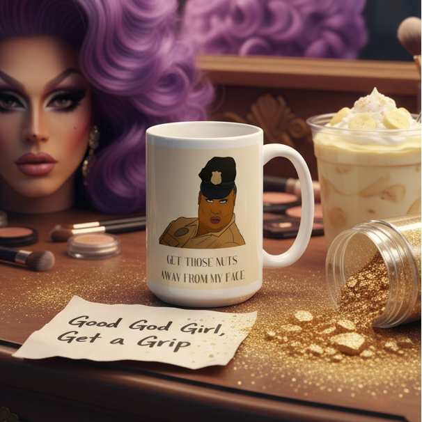 White mug with a stern officer illustration and “GET THOSE NUTS AWAY FROM MY FACE” text