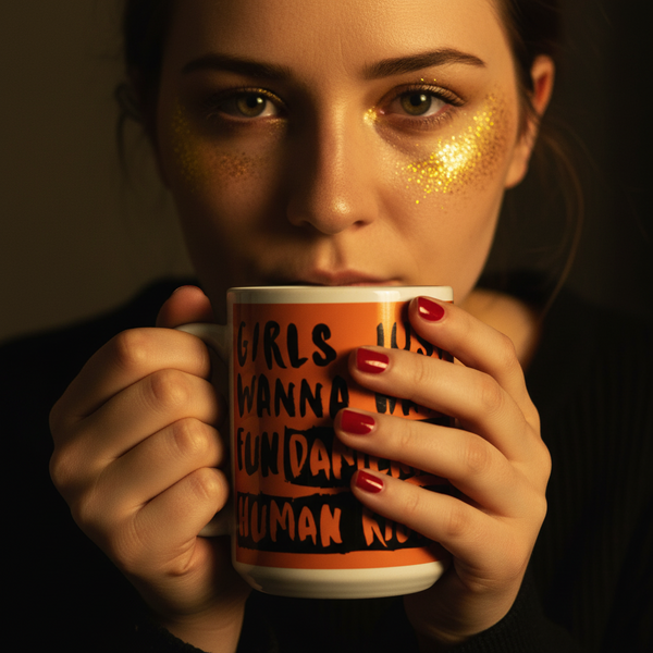 Young woman with glitter under her eyes holds an orange Girls Just Wanna Have Fundamental Human Rights mug, showcasing Queer In The World's prideful and empowering LGBT design.
