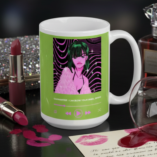 The Guaranteed, I Can Blow Your Mind...mwah! Mug features a vibrant lime-green anime graphic of a stylish girl, surrounded by chic beauty items, symbolizing bold and joyful queer self-expression.