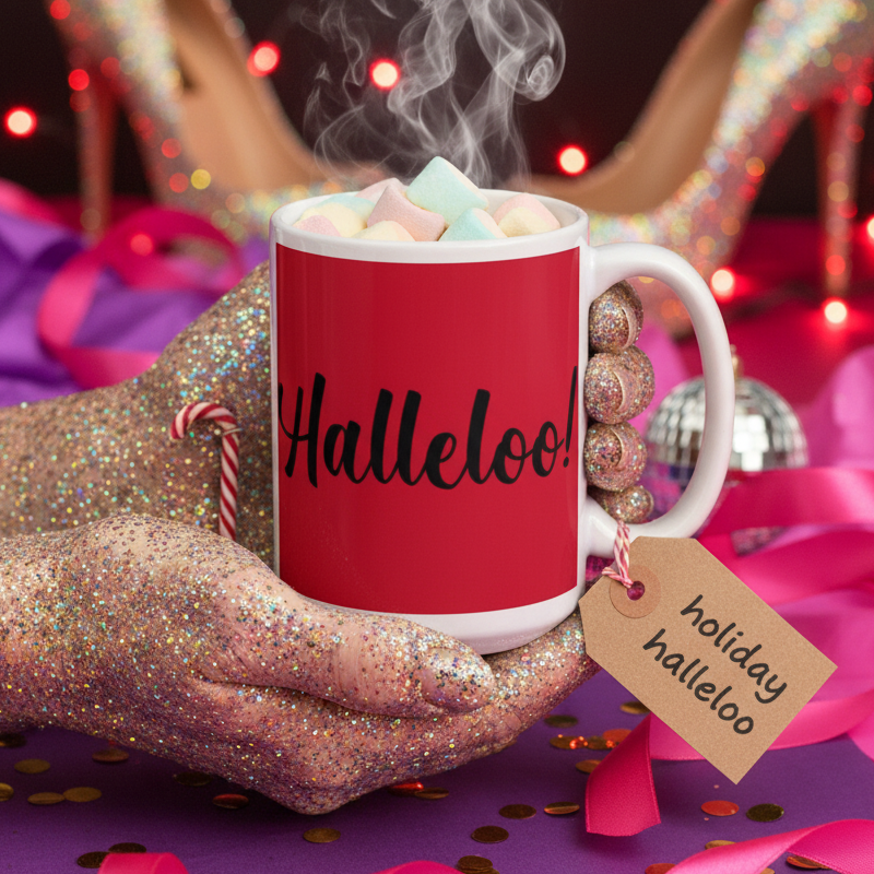 Halleloo! Mug filled with pastel marshmallows and a candy cane, held by a glittery hand, surrounded by festive glam elements, embodying joyful queer pride and self-expression.