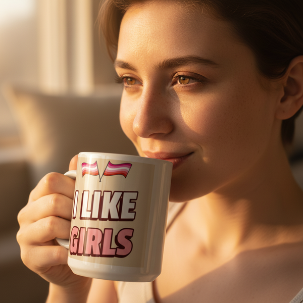 A person holds an I Like Girls mug adorned with lesbian-pride flags, embodying queer pride and self-expression, perfect for enjoying a beverage. A warm, empowering Queer In The World product.
