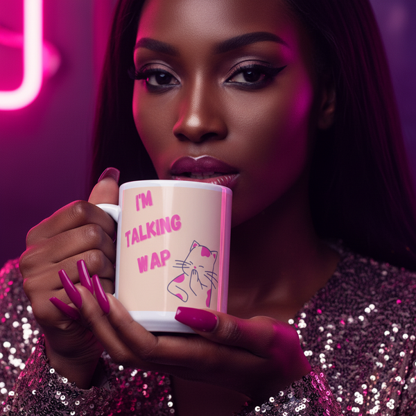 Woman holding the I'm Talking WAP! mug featuring pink lettering and a cartoon cat, with deep pink nails and a sequin top, embodying bold queer pride under vibrant neon lighting.