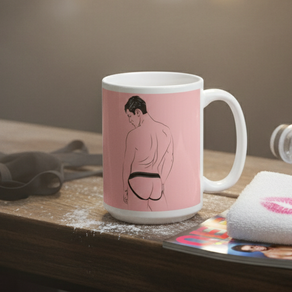 Jockstrap Mug on wooden table, featuring a shirtless man in a black thong. Nearby: folded towel with lip-print, magazine, shaker bottle base, and gym-wear, embodying bold queer pride and visibility.
