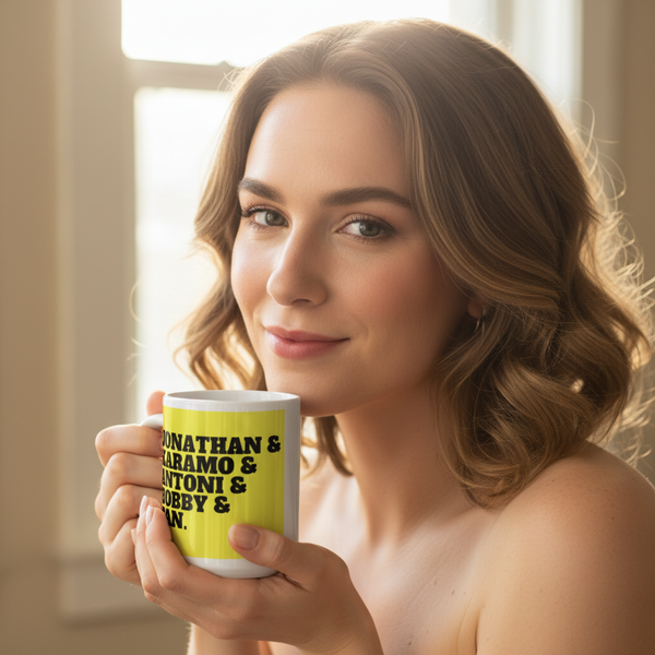 Young woman joyfully holding the Jonathan & Karamo & Antoni & Bobby & Tan Mug, featuring bold names in black type. Celebrate LGBTQIA+ pride with this sturdy, glossy, microwave and dishwasher-safe ceramic mug.